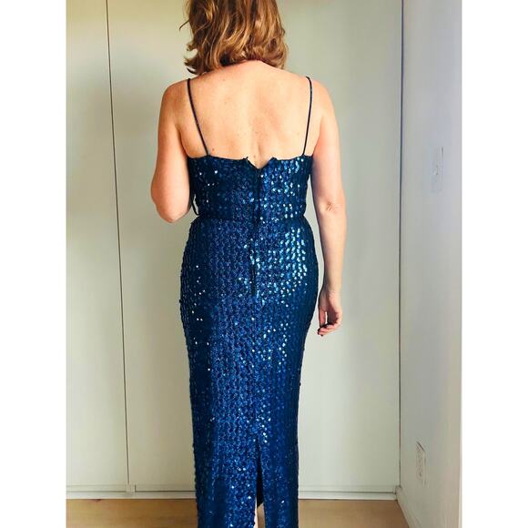 Vintage 80s Full Sequin Gown Size Medium Blue Full Length Fitted Party Made USA - Picture 7 of 9